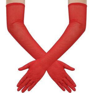 Women's Tulle Mesh Red Long Stretchy Gloves Halloween Party Wedding Costume